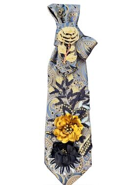 Elegant Blue Paisley Floral Appliqué Tie with Gold & Black Flowers